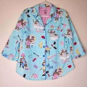 Nick & Nora Sock Monkey Beauty Parlor Salon PJ Top L